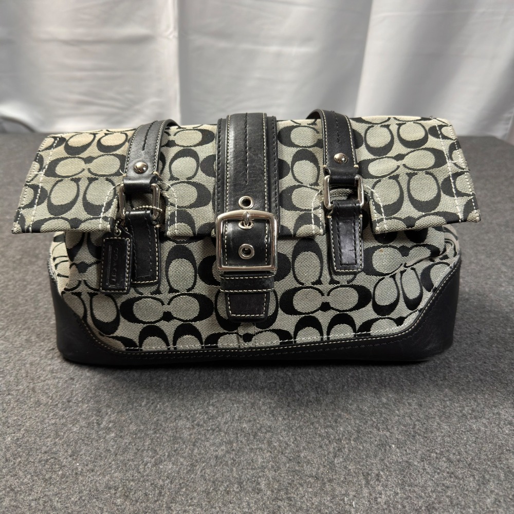 Coach Soho Signature Shoulder Bag Black Gray Jacquard Leather Trim